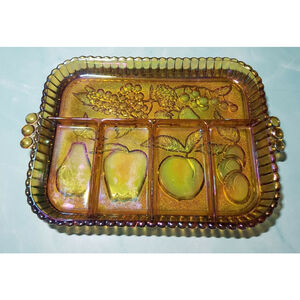 Carnival Iridescent Glass Vintage Amber Indiana Glass Company Divided Fruit Tray